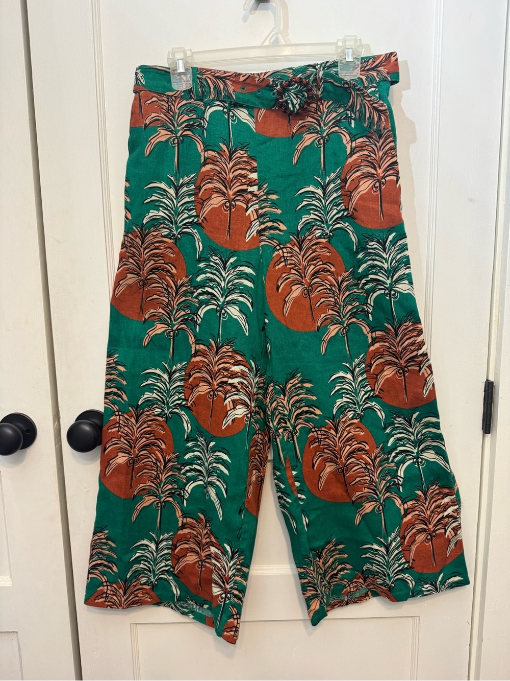 Nicole Miller New York Tropical Palm Print Linen Wide-Leg Pants, NWT, Size L